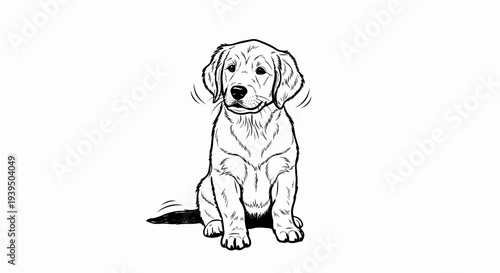 A black and white sketch of a young dog with floppy ears, sitting attentively