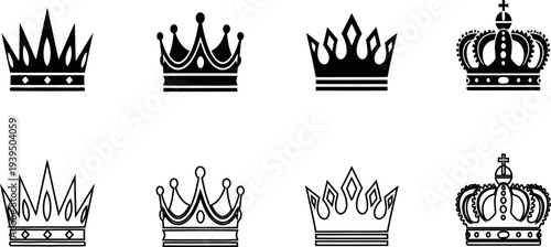 Eight different crown illustrations in black and white