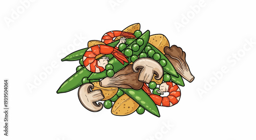 A colorful assortment of shrimp, mushrooms, peas, and potato chunks