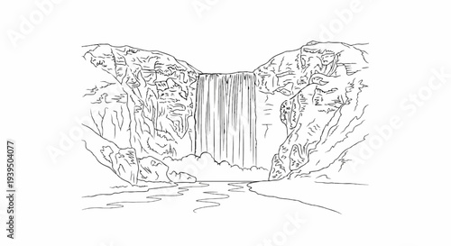 A detailed line drawing depicts a grand waterfall cascading down rugged cliffs into a serene river below