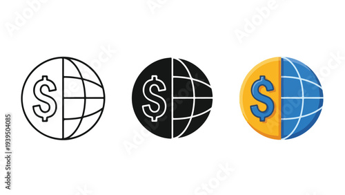 Global finance dollar icons flat design vector illustration - Flat Design Icon. line icon set - Icon vector - Blue icon vector. Clipart. Icon collection - Line and glyph solid icon and logo template