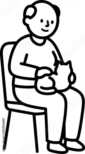 Simple line art drawing of an old man sitting on a chair and petting a cat. Daily life and pet ownership concept, vector illustration