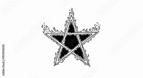 A black pentagram on a white background with flames licking its edges
