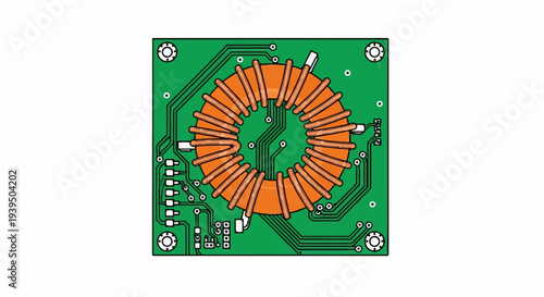 A green circuit board with a large, orange toroidal inductor at its center