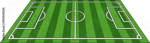 A stylized, isometric view of a green striped soccer field with white markings