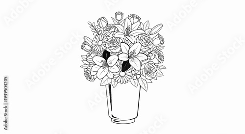A line drawing of a detailed floral arrangement in a vase
