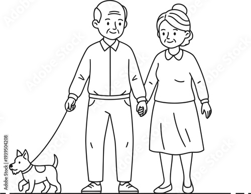 Elderly man and woman with dog on leash standing and holding hands. Family lifestyle concept vector illustration for retirement, pension