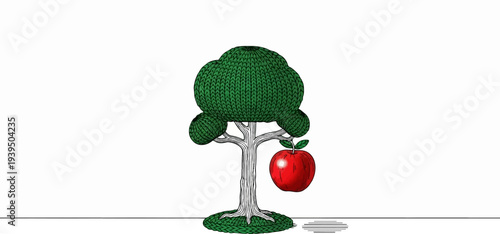 A lone red apple dangles from a branch of a stylized green tree