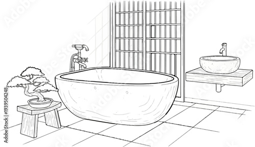 A minimalist Japanese-style bathroom scene with a soaking tub