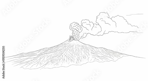 A line drawing of a volcano erupting, with smoke billowing into the sky