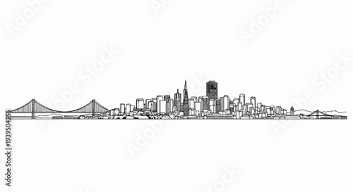 A minimalist line drawing of a vast cityscape with bridges and tall buildings