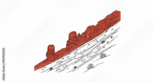 Stylized illustration of layered rock formations and sparse desert vegetation on a slope