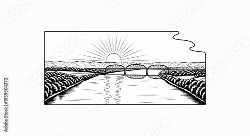 A picturesque black and white sketch of a sunrise over a river, with a bridge
