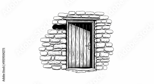 A rustic wooden door is set within a rough stone wall, casting a shadow