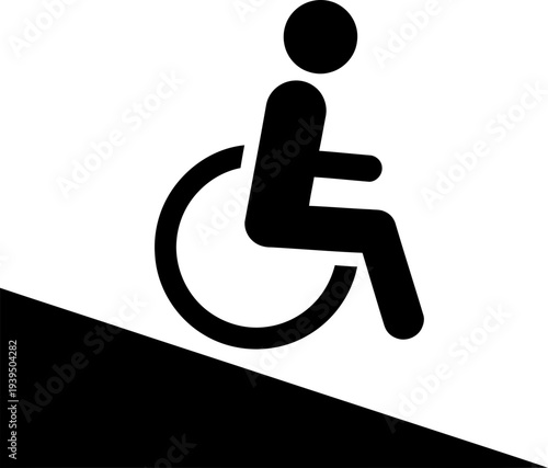 Person in wheelchair rolling down ramp symbol, accessibility and disability concept. Simple flat black and white vector icon for public signs