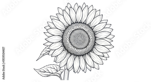 Detailed Ink Drawing of a Sunflower with Leaves and Stem