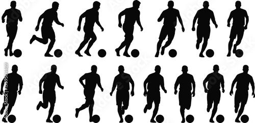 Black silhouette vector illustration of soccer players in dynamic poses with ball, showing dribbling, running, and motion for sports design projects