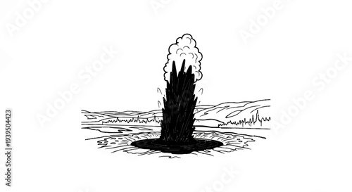 A geyser erupts with a dark, explosive plume against a landscape