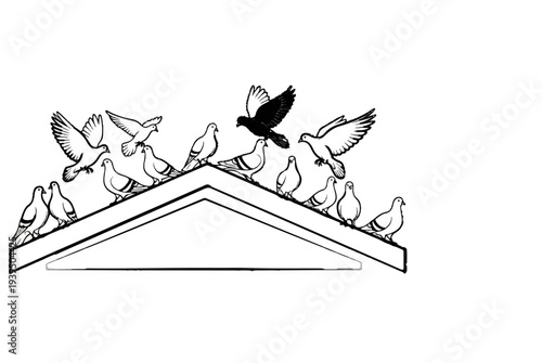 A flock of pigeons gathers and takes flight from a triangular rooftop