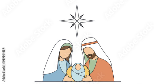 Nativity Scene Simple Illustration: Mary, Joseph, Baby Jesus, and Star of Bethlehem