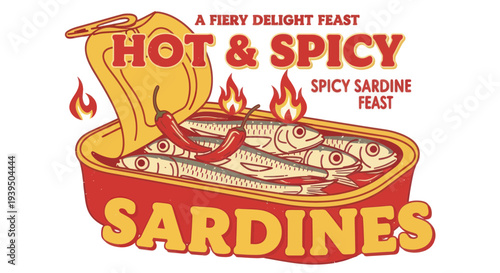 Hot and Spicy Sardines in a Can, Fiery Delight Feast Illustration