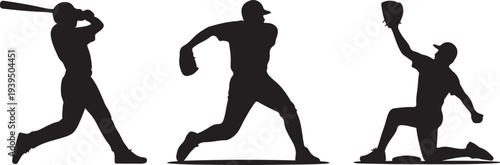 Baseball players silhouette icon set