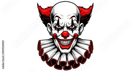 Scary Clown Face with Red Hair and Collar, Spooky Halloween Character