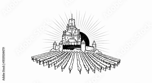 A sunburst shines behind a castle overlooking a vineyard