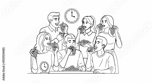 A group of people happily eating grapes around a table