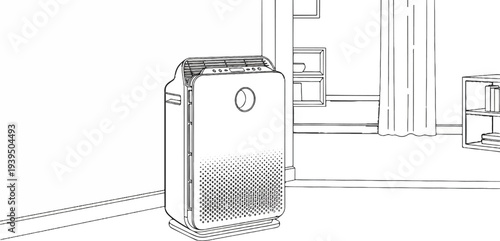 Air purifier in a minimalist room with shelves and curtains