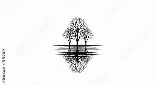 Bare trees reflected in water create a striking symmetrical design