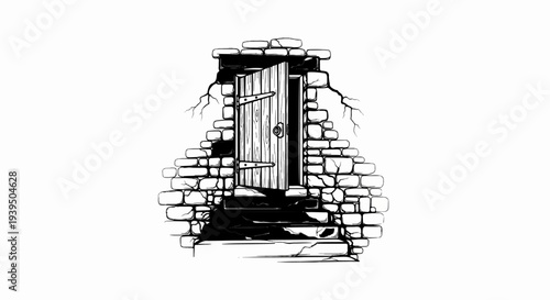 Ancient stone structure with an open wooden door and steps leading down into darkness