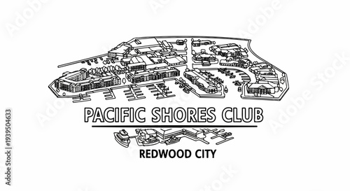 Bird's-eye view sketch of a coastal resort with boats docked at a marina