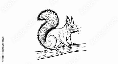 Black and white drawing of a squirrel perched on a branch