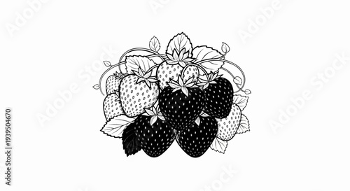 Black and white illustration of a cluster of ripe strawberries with leaves