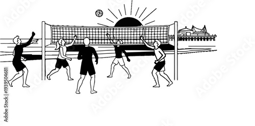 Beach volleyball game at sunset with pier in background