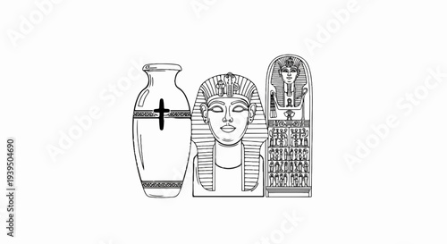 Black and white illustration of ancient Egyptian artifacts, a vase, sarcophagus, and pharaoh's mask