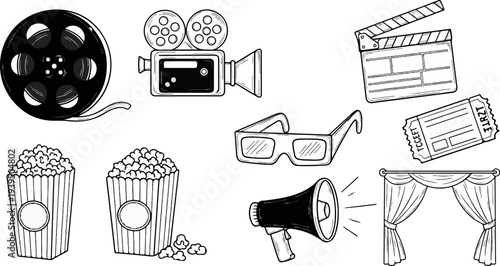 Collection of vintage and modern cinema icons, including film reel and projector