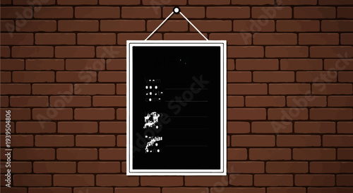 Chalkboard with placeholder text hanging on a brick wall