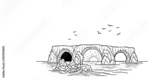 Stylized coastal cliff formation with sea arches and flying birds