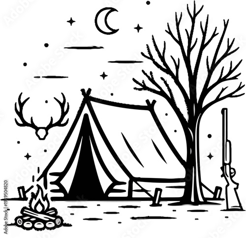 A nocturnal campsite scene with a tent, campfire, rifle, and antlers under moon