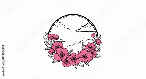 Circle frame with pink flowers and clouds inside