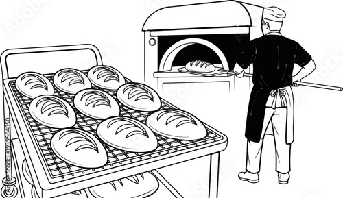 Baker using peel to place loaf into rustic oven, racks of bread