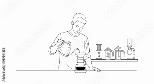 A person carefully pours hot water from a kettle into a pour-over coffee maker