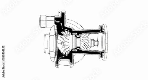Cutaway illustration of a turbocharger assembly showing internal components and airflow path