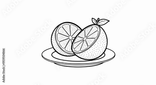 A line drawing of a sliced orange and a whole orange on a plate