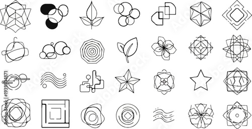 Collection of abstract geometric and organic graphic symbols, many are radial