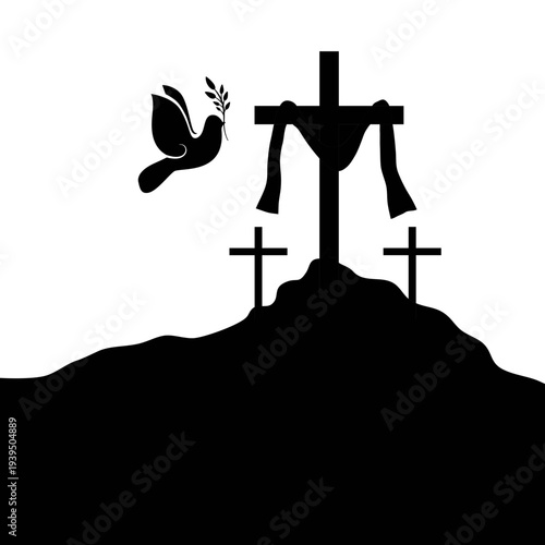 Cross on hill with dove symbolizing peace and resurrection