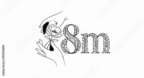 Delicate hands offer a flower to a stylized number eight and letter m