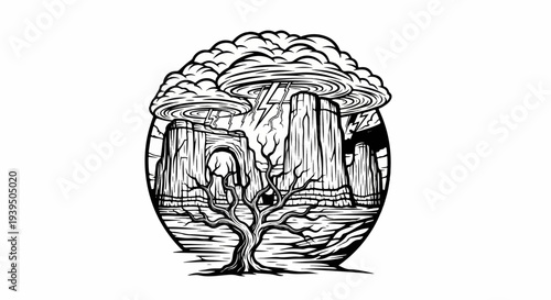 Stark desert landscape with a gnarled tree under a stormy sky